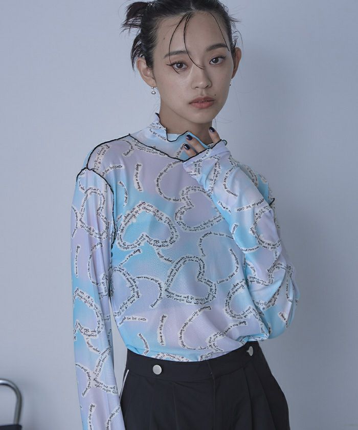 ♡THINGS THAT MATTET♡シアートップス 配色メロープリントチュールシアートップス〔メール便可／30