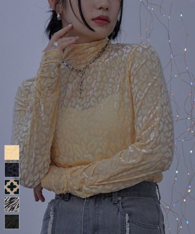 フロッキープリントシアーハイネックトップス〔メール便可／60〕