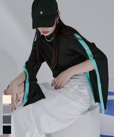 配色オープンスリーブニット