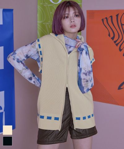 ステッチ風フロントジップハイネックベスト