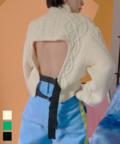 バックオープンケーブル編みニット