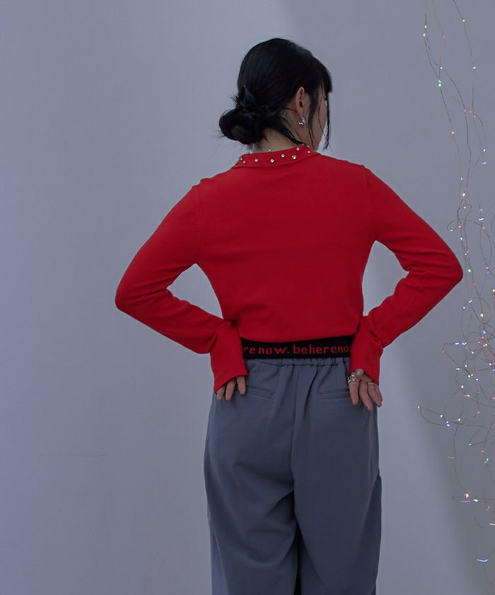 ミエット miette ビジューカラー裾ロゴポロニット （ブルー） ミエット miette ビジューカラー裾ロゴポロニット （ブルー