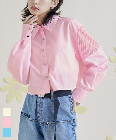 メッシュ切替クロップドシャツ〔メール便可／100〕