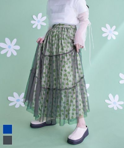 チュールティアードプリントスカート