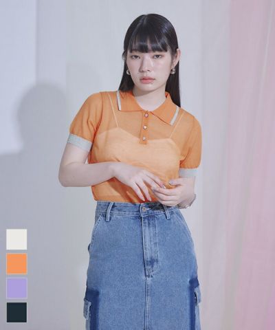 配色ラインシアー半袖ポロニット〔メール便可／50〕