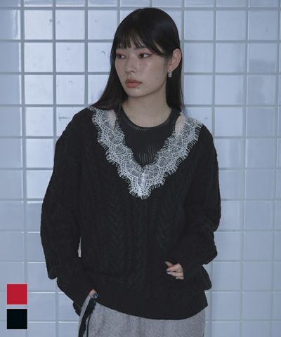 レースVネックケーブル編みニット