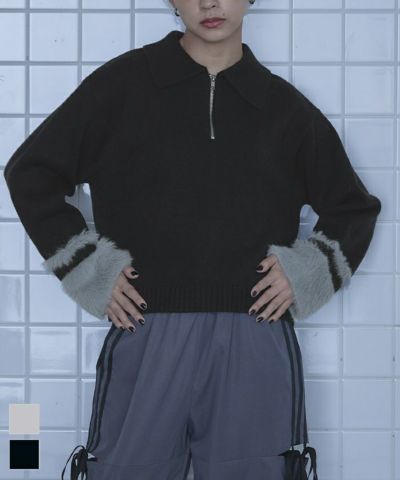 シャギー切替ハーフジップニット