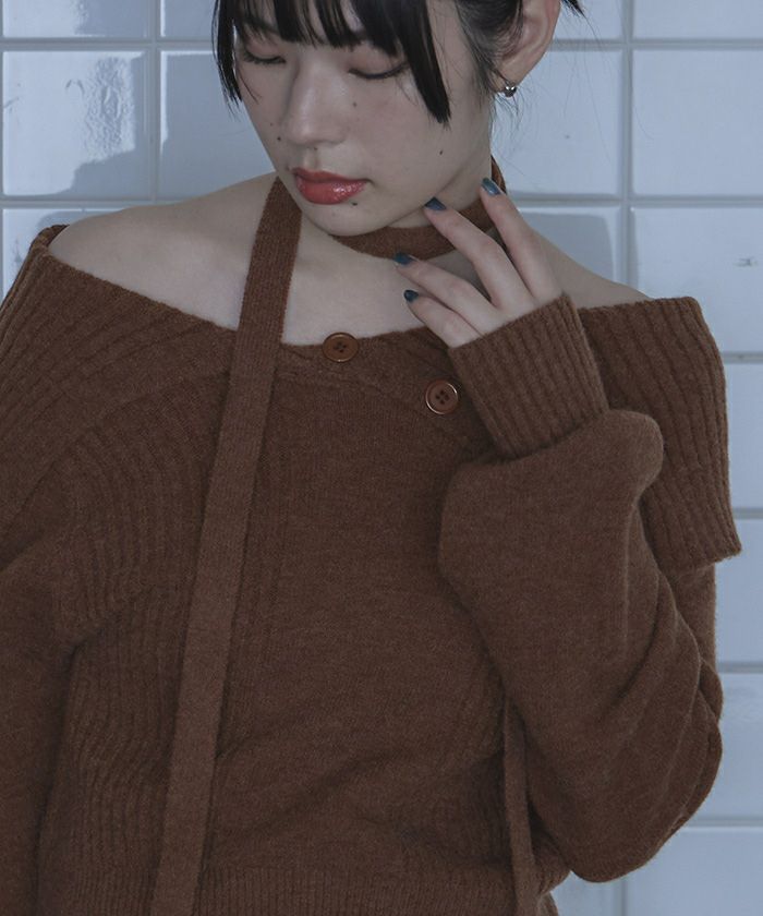 ロングオフショルニット♡ ロングタイ付きオフショルニット | miette