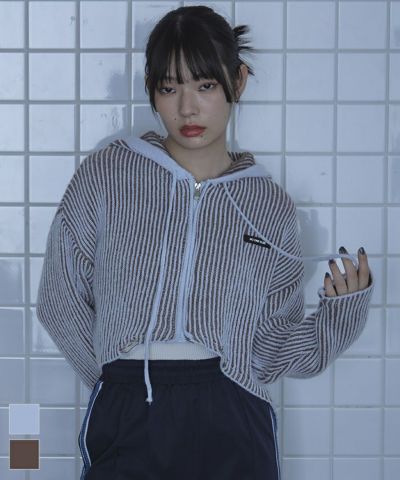 プレーティング配色リブフード付きニット