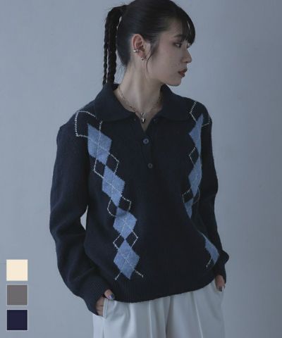 襟付きアーガイルニット
