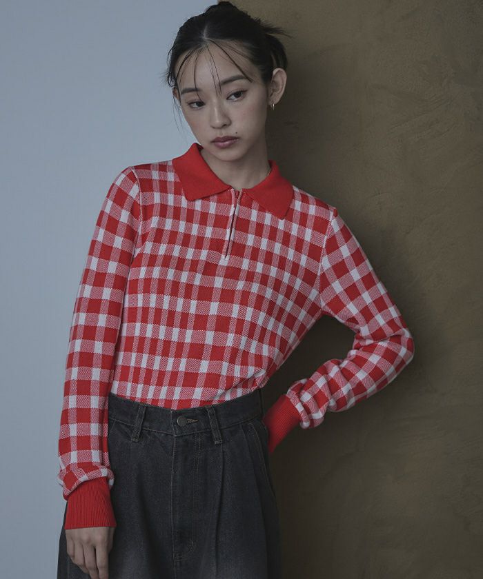 チェック柄 半袖ポロニットワンピース チェック柄 半袖ポロニットワンピース