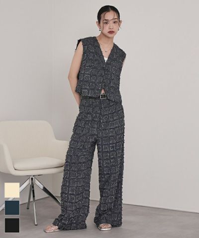 フリンジチェックVネックジレセットアップ