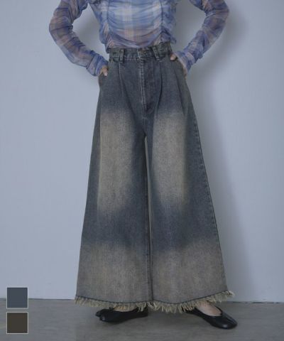 裾フリンジオーバーダイデニムワイドパンツ