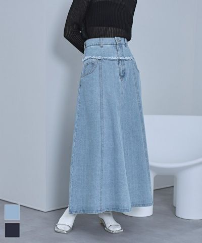フリンジ切り替えフレアデニムスカート