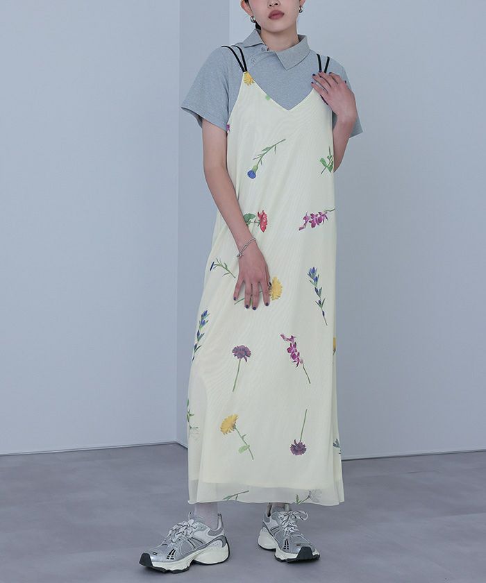 ◆関税送料込◆チュール ミディワンピース ストラップレス ストラップレス チュールプリント柄ワンピース - TYE-イエロー
