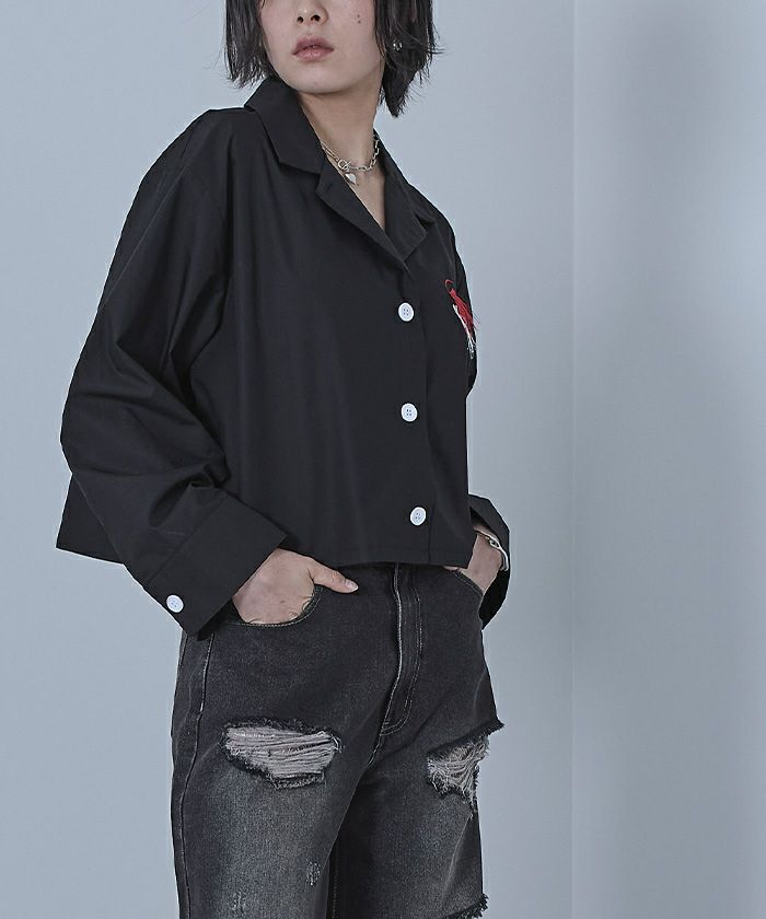値下げ★新品未使用★ Allege(アレッジ)刺繍開襟シャツ 花刺繍 開襟シャツ シャツ メンズ トップス 長袖 送料無料・(500