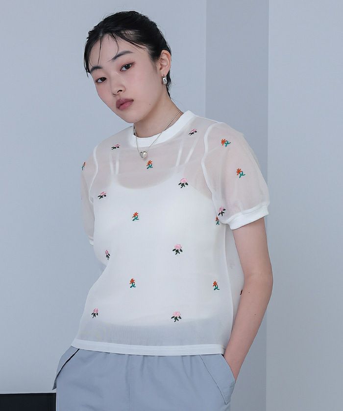 シアーダンボールフラワー刺繍トップス | miette