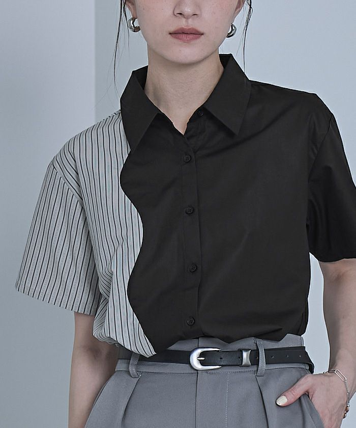 MHL.半袖シャツ　炭黒　MHL.×d&RE WEAR FADED LINEN COTTON PLAINWEAVE SHIRT | MHL.（エムエイチエル