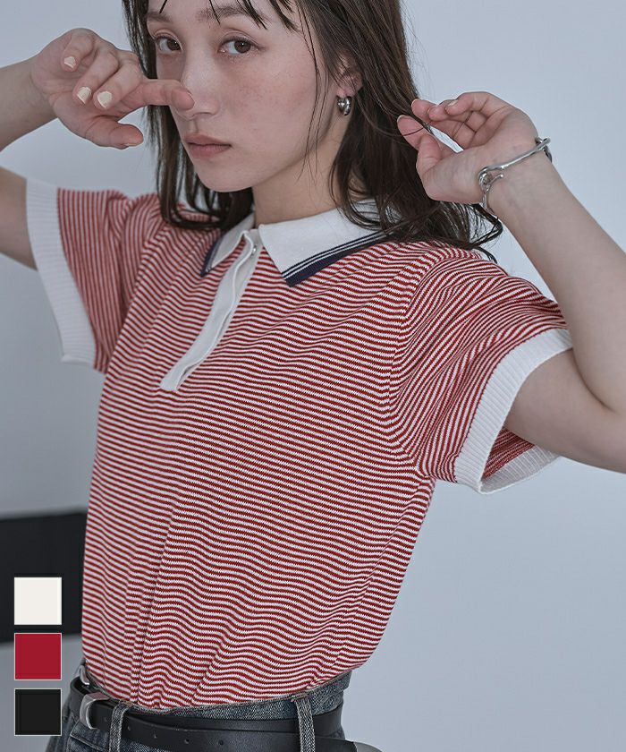 ボーダーポロニットトップス | miette