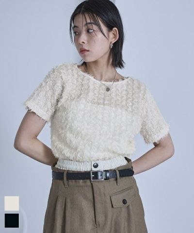 チュールフリルフリンジ半袖トップス
