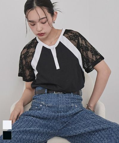 レースラグランスリーブVネックTシャツ〔メール便可／80〕