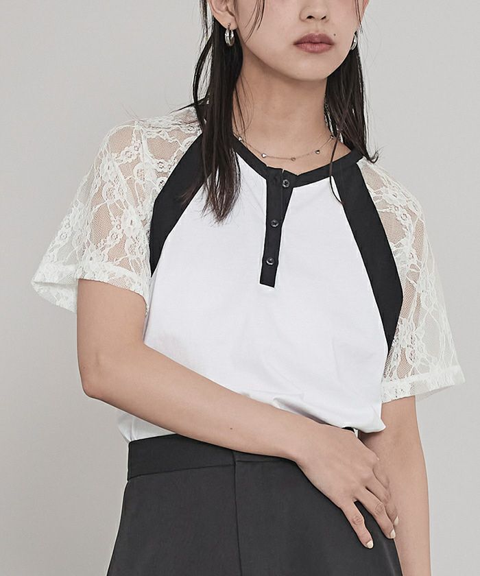 送料無料 いつまで レースラグランスリーブVネックTシャツ〔メール便可／80〕 | miette トップス