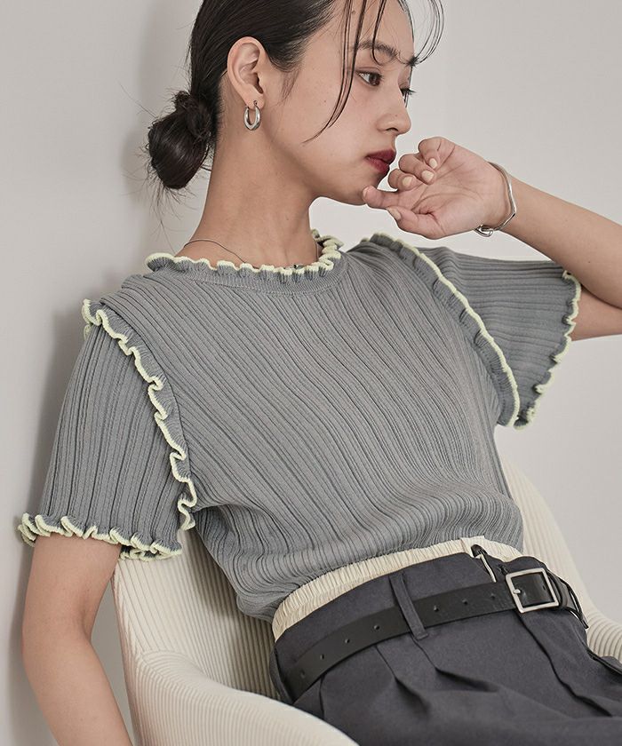 2024春の新作 配色ラインランダムリブトップス | miette トップス