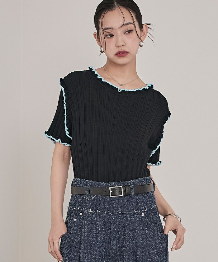 【日本製】 配色ラインランダムリブトップス miette | トップス