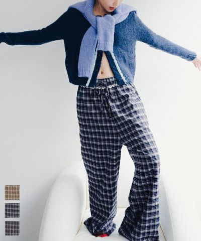ウエストフリルチェックワイドパンツ